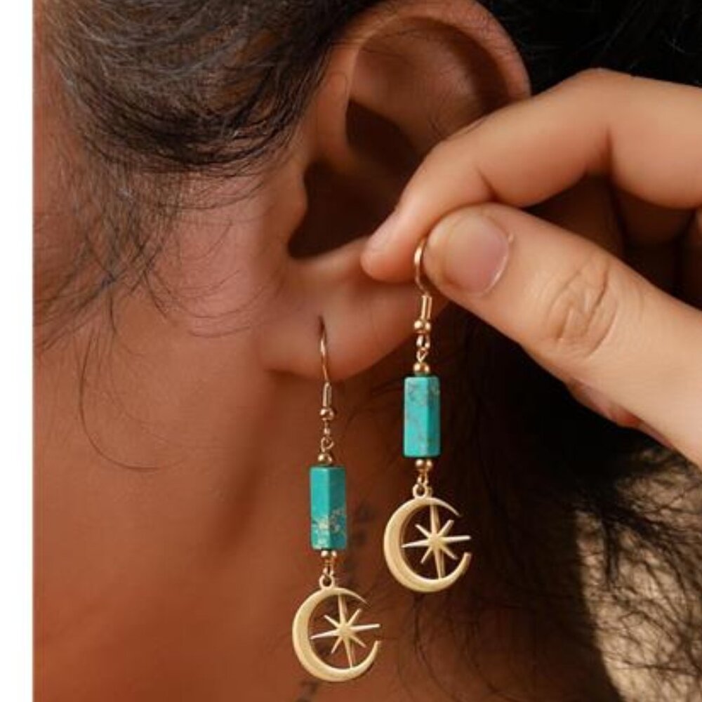 Crescent Moon & Star Boho Earrings | Turquoise Stone Beads